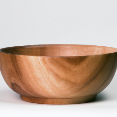 A polished wooden bowl with a smooth, grainy texture and a warm brown hue.