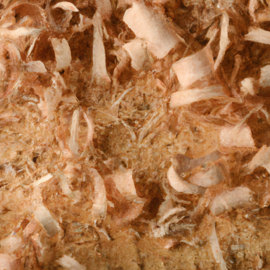 Wood shavings scattered on a surface, varying in size and texture.